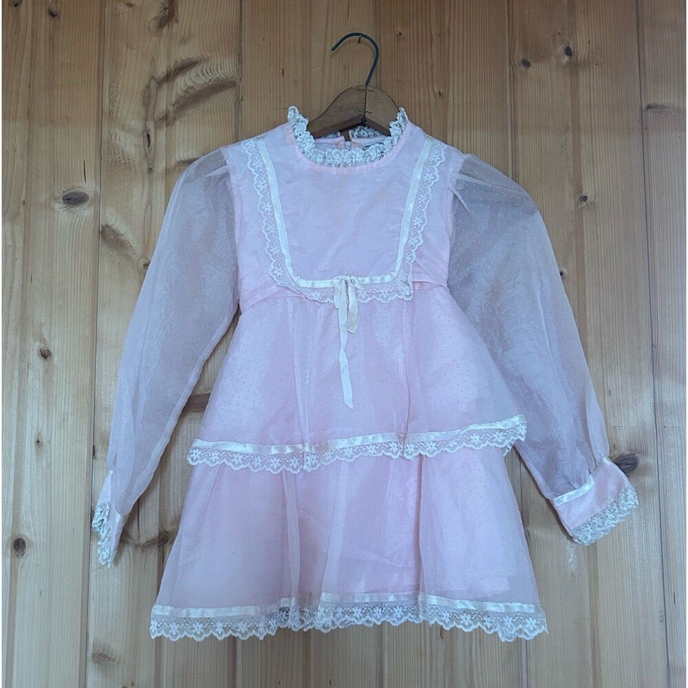 Vtg Sears Girls 8 Dress Pink Lace Tiered Semi Sheer Ruffle Prairie Gown Sunday